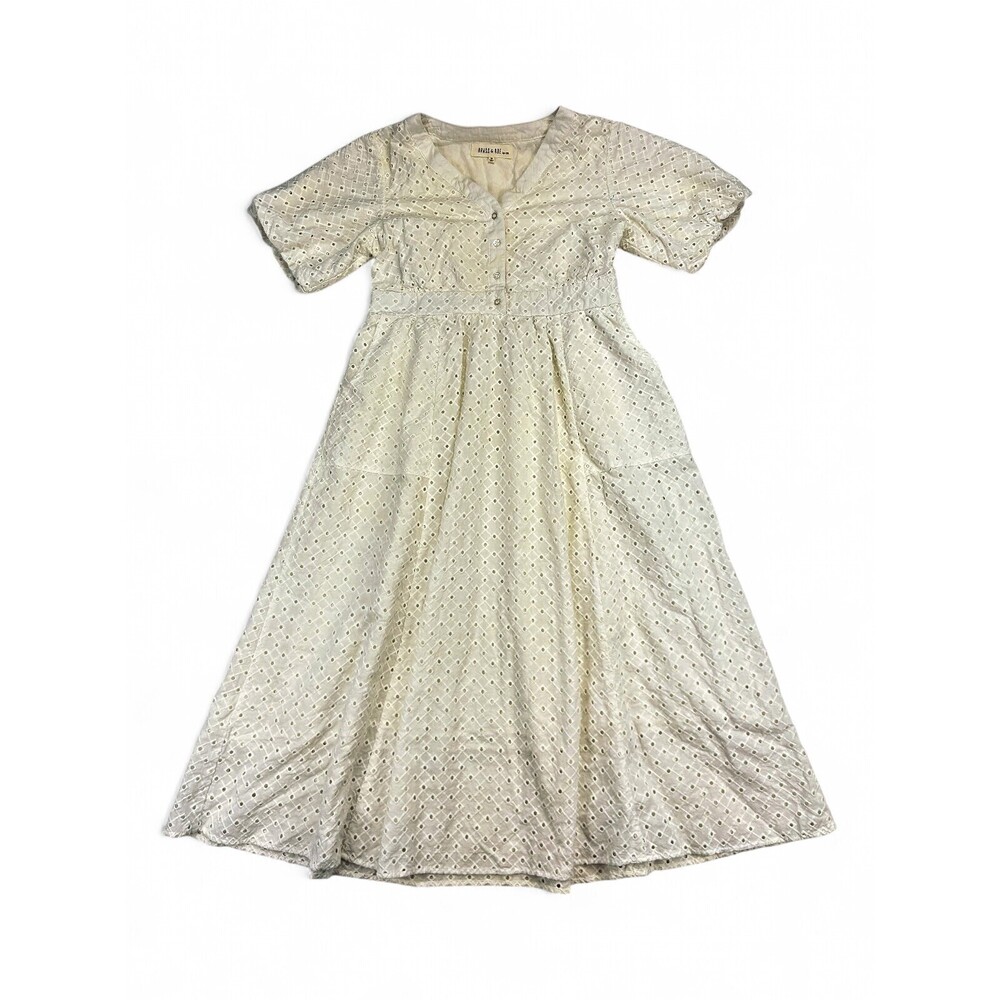 Brass & Roe White‎ Eyelet Maxi Dress Size M Puff Sleeve